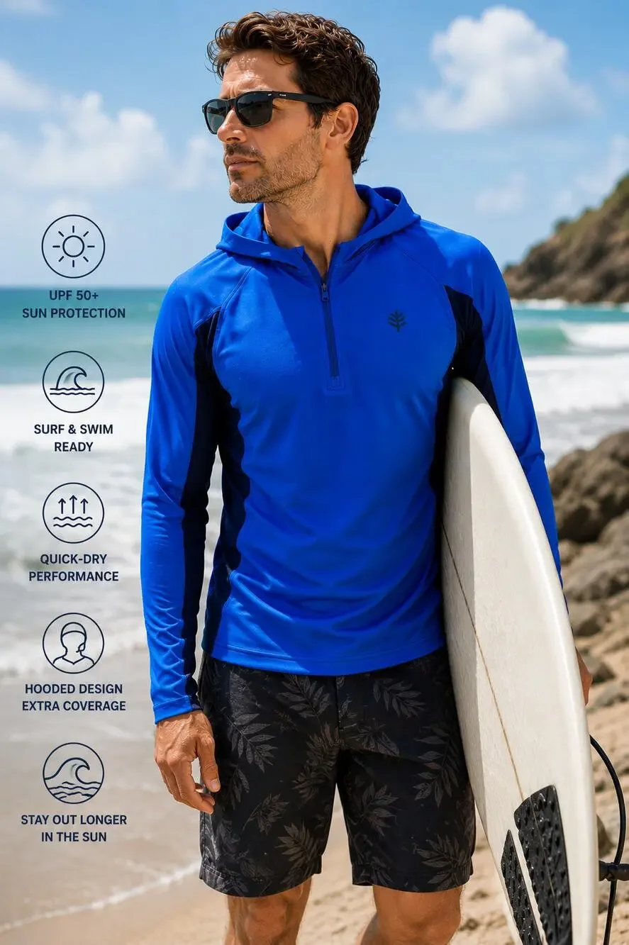 Coolibar Point Break Hooded Rash Guard Mens Blue UPF 50+ Swim Surf Performance